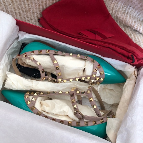 Valentino Garavani Rockstud Turquoise Cage Ballet Flat Studded Shoes Size 36 - Picture 12 of 16
